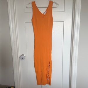House of Harlow 1960 Orange Ribbed V-Neck Midi Dress with Side Ring Slit
